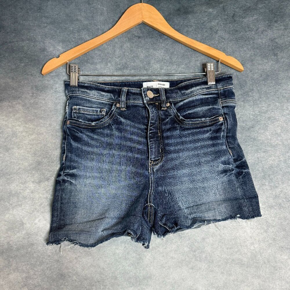 BKE Parker Cut-Off Short Shorts Womens 26 Blue Denim Mid Rise Zip Fly Raw Hem